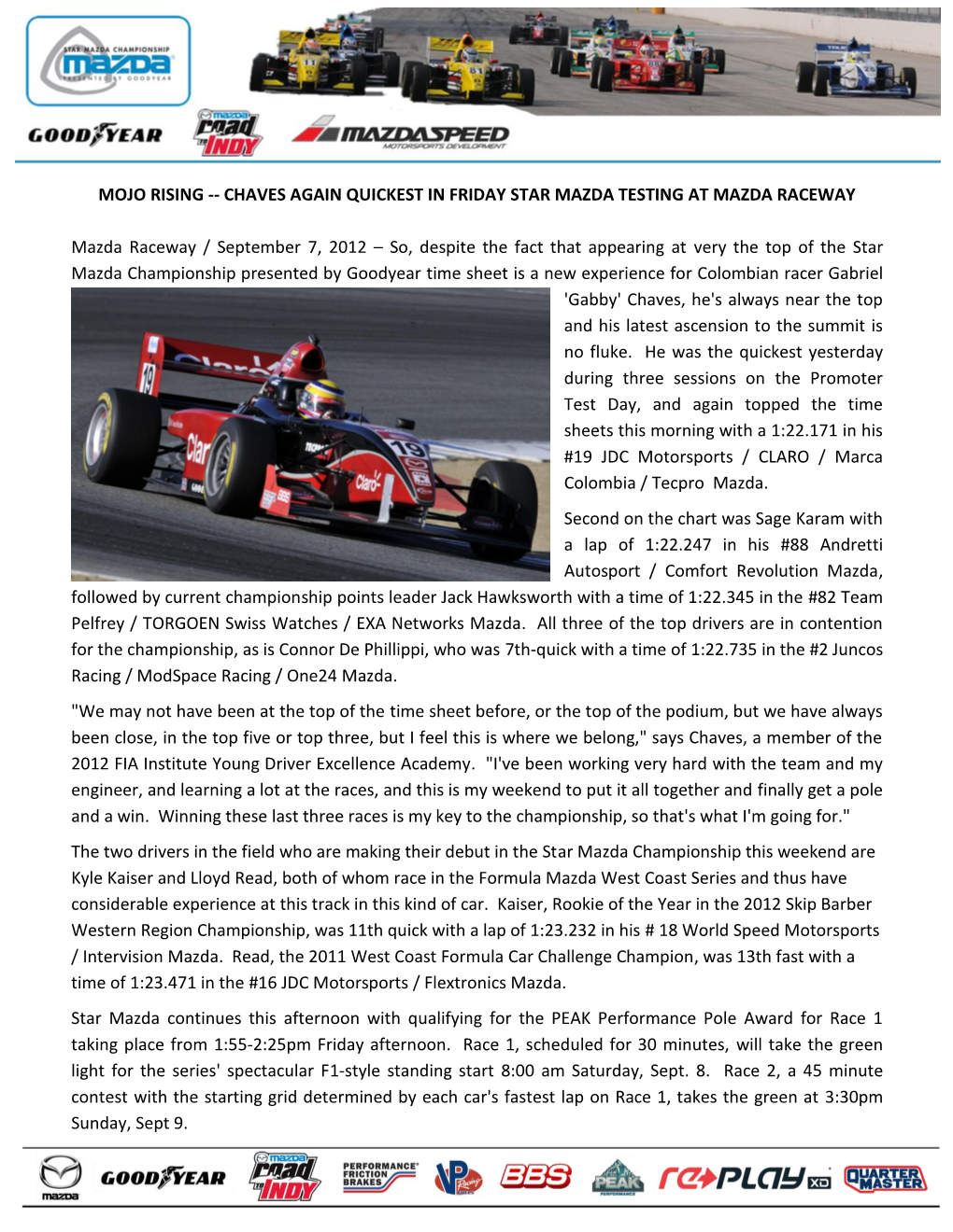 Mojo Rising -- Chaves Again Quickest in Friday Star Mazda Testing at Mazda Raceway