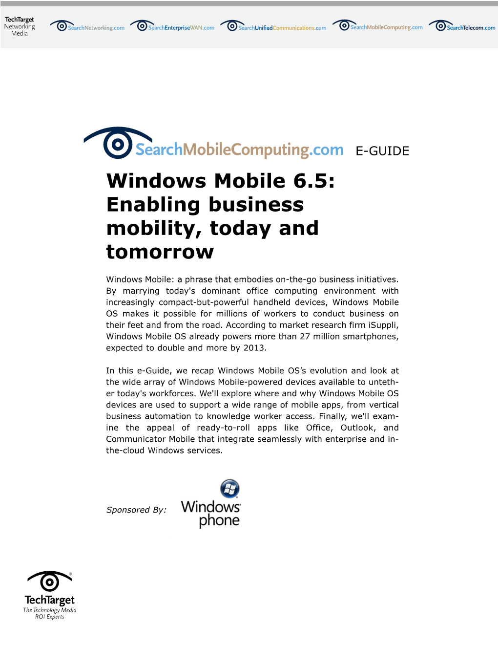 Windows Mobile 6.5: Enabling Business Mobility, Today and Tomorrow