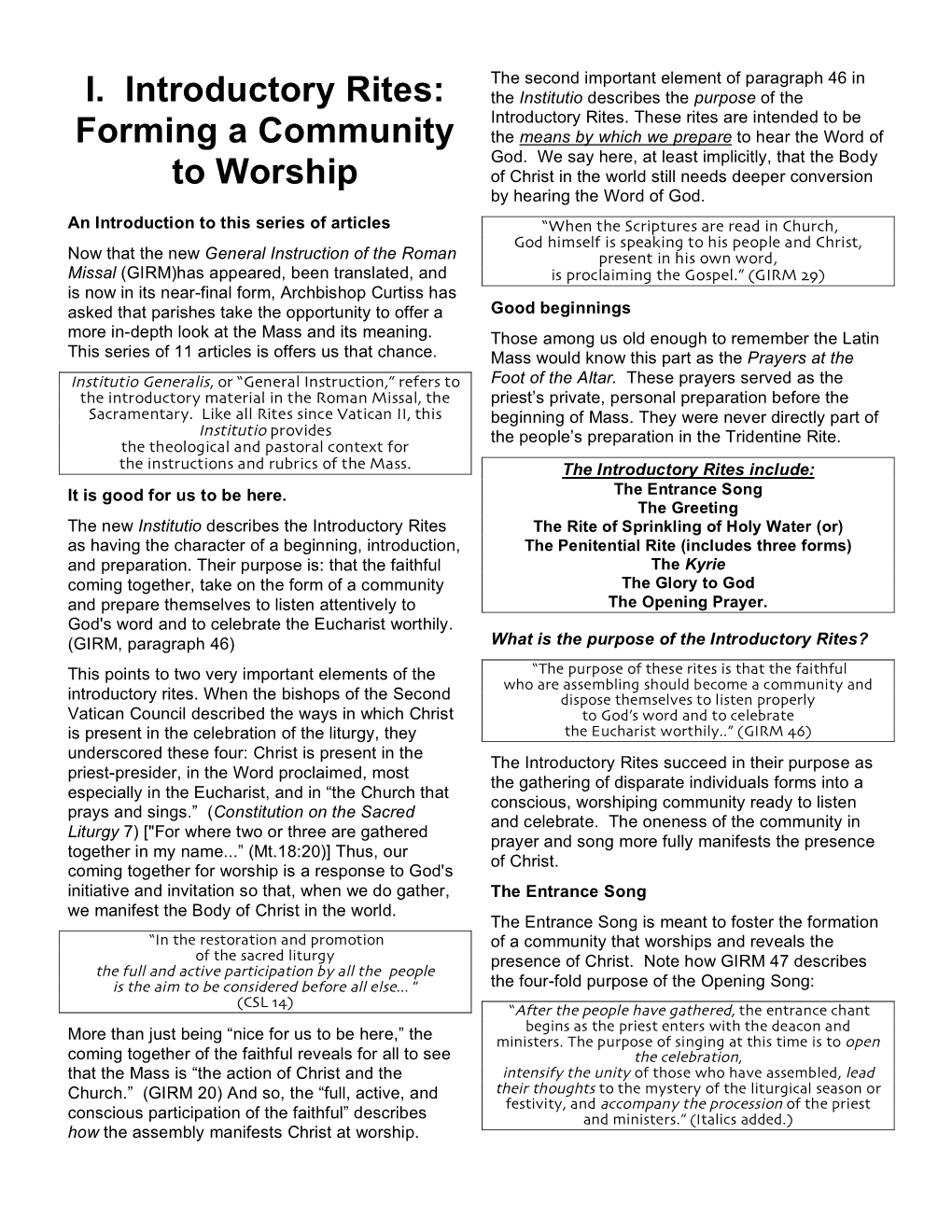 I. Introductory Rites: Forming a Community to Worship