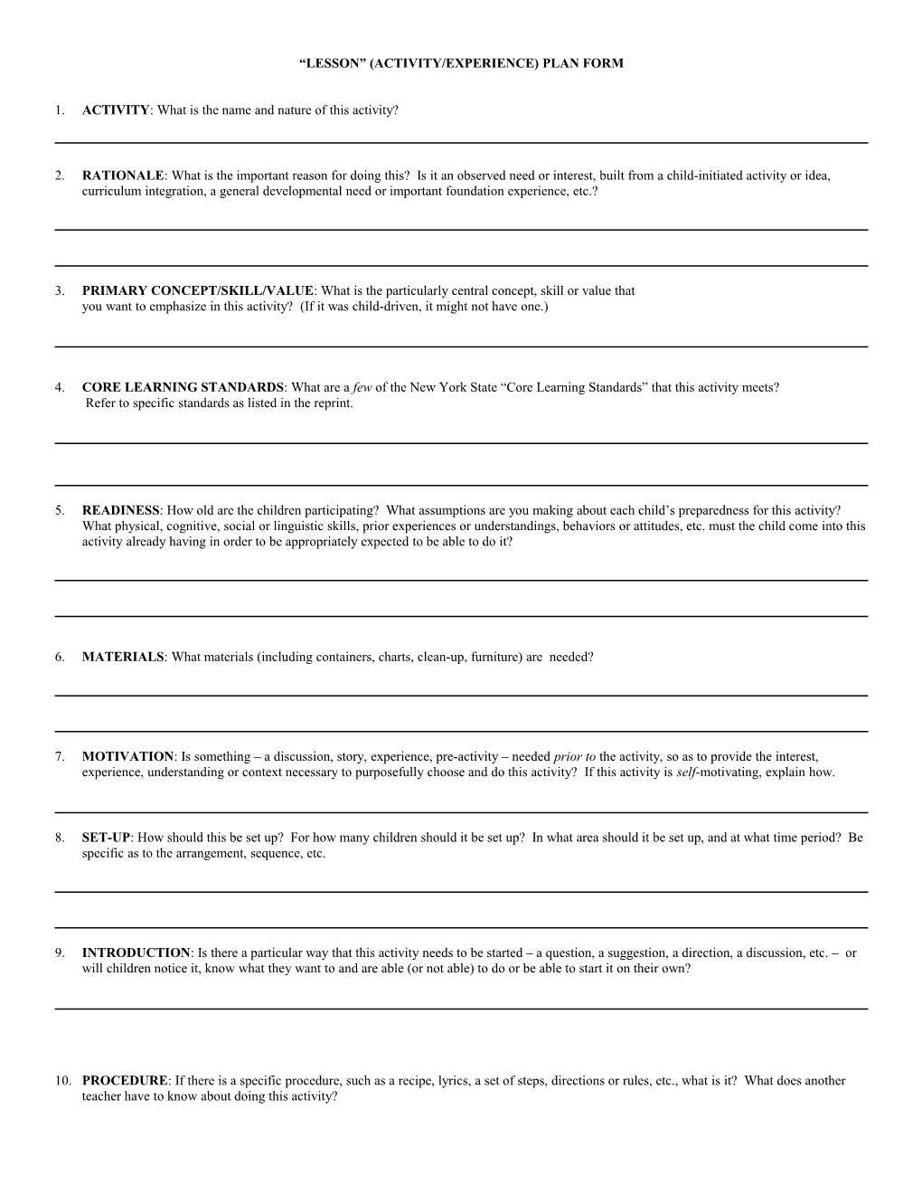 Lesson (Activity/Experience) Plan Form