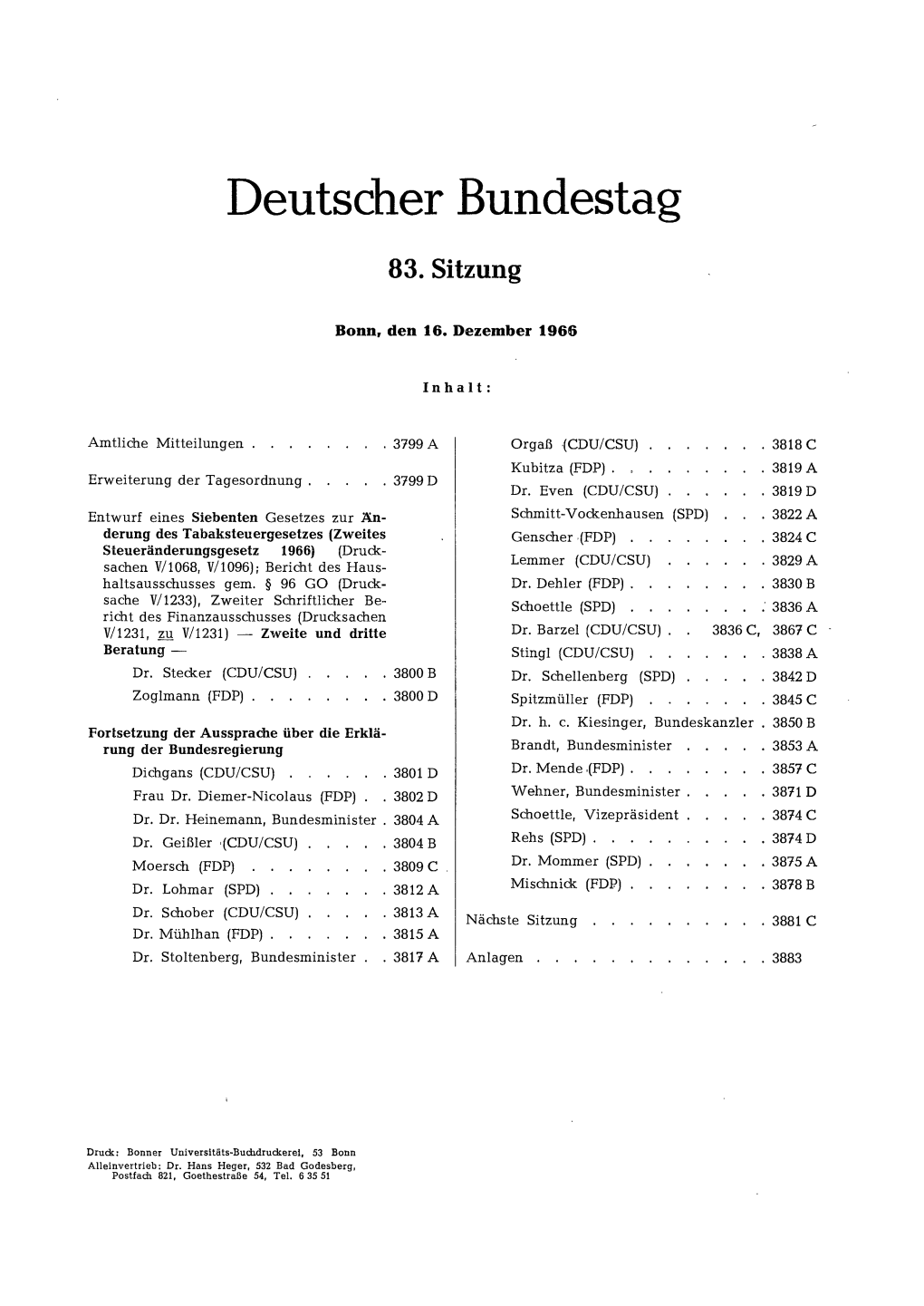 Deutscher Bundestag 83. Sitzung