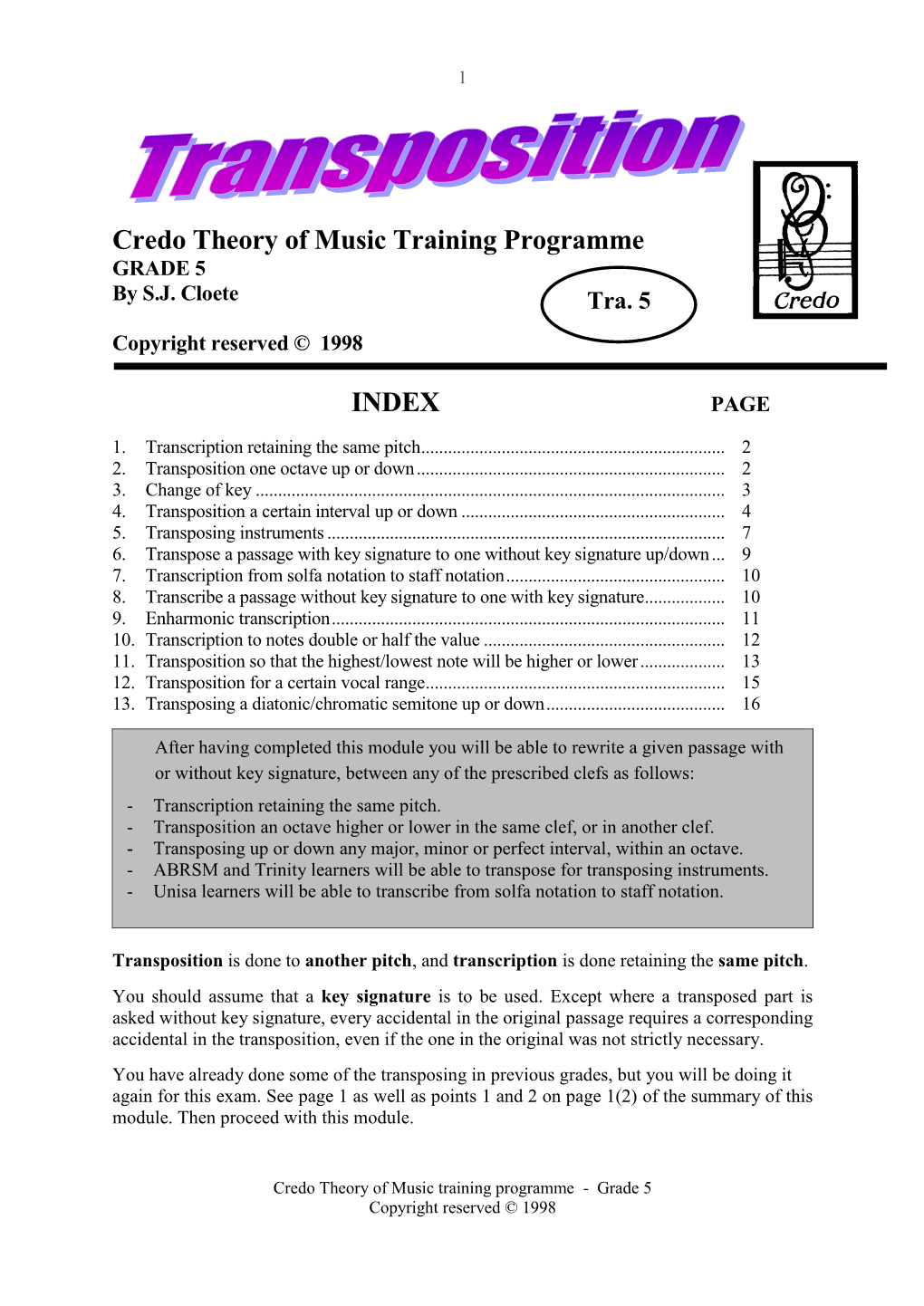 Credo Theory of Music Training Programme INDEX