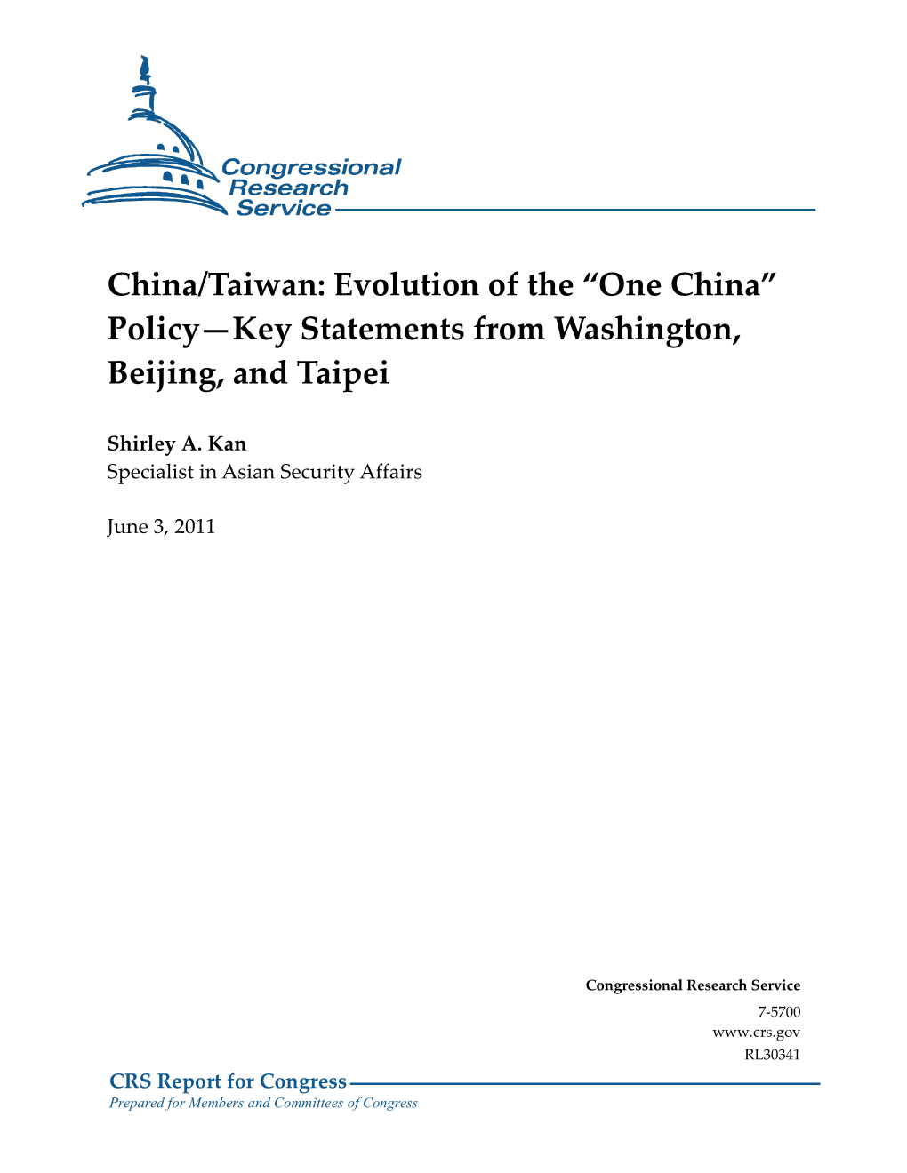 “One China” Policy—Key Statements from Washington, Beijing, and Taipei