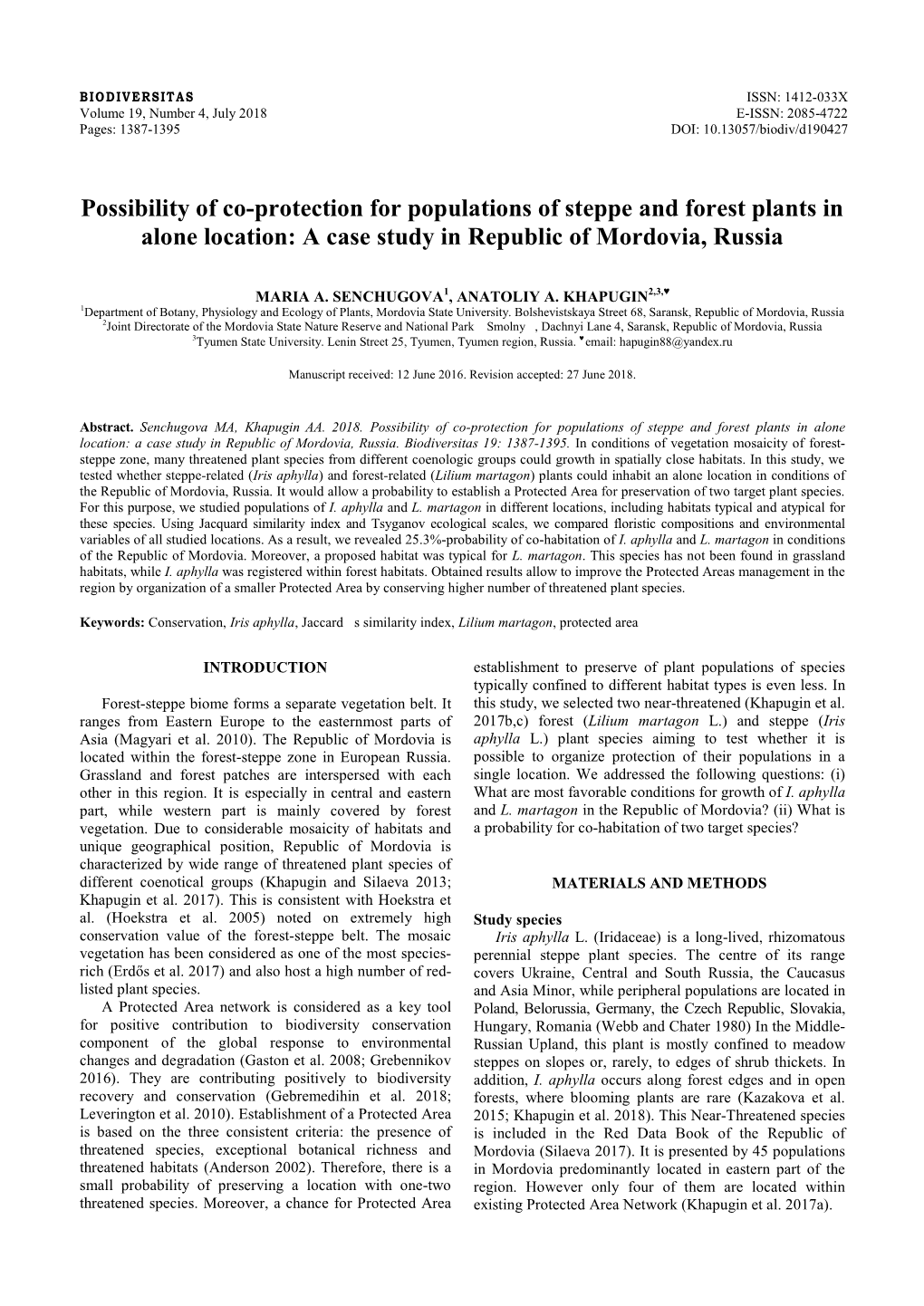 Possibility of Co-Protection for Populations of Steppe and Forest Plants in Alone Location: a Case Study in Republic of Mordovia, Russia