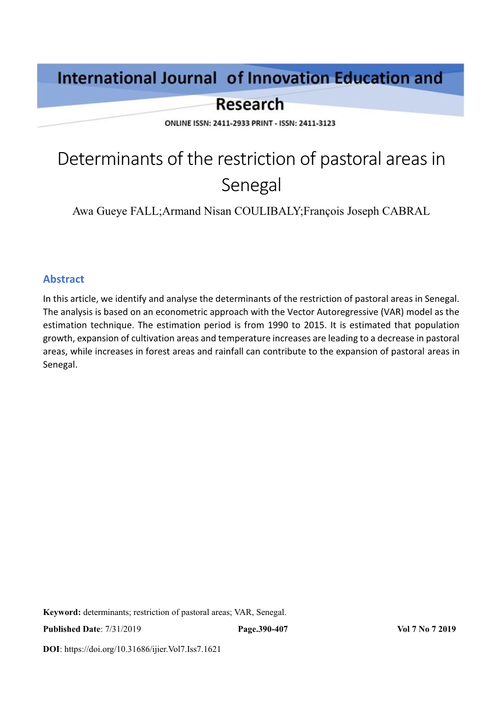 Determinants of the Restriction of Pastoral Areas in Senegal