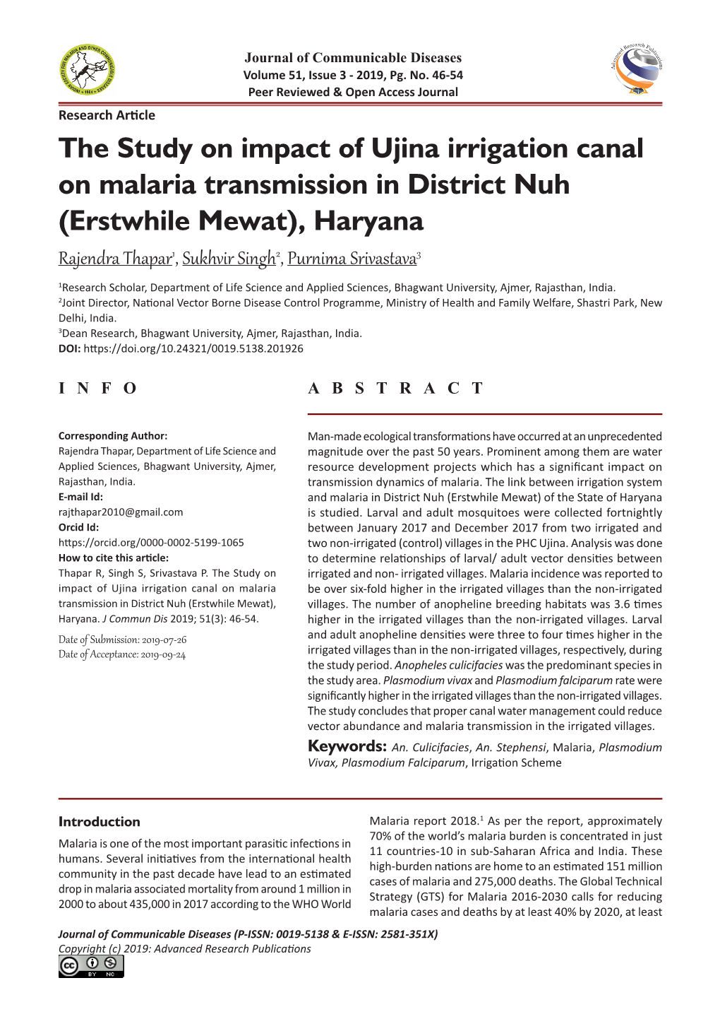The Study on Impact of Ujina Irrigation Canal on Malaria Transmission In