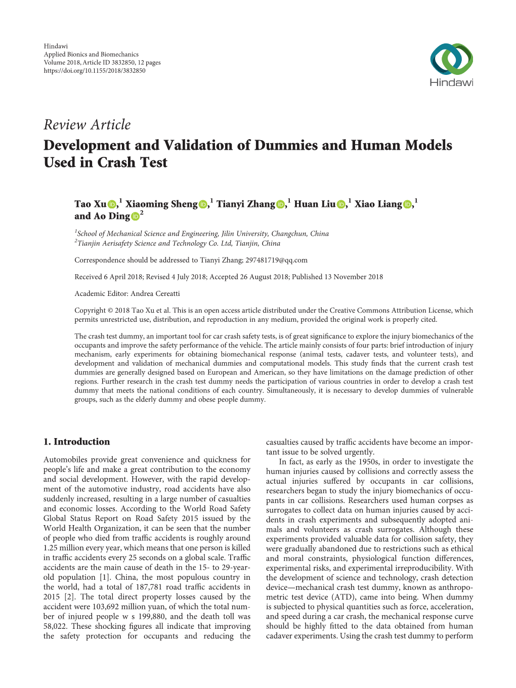 Development and Validation of Dummies and Human Models Used in Crash Test