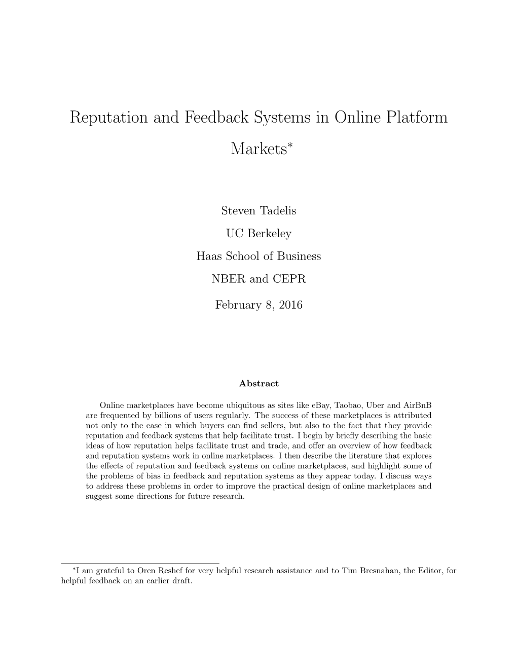 Reputation and Feedback Systems in Online Platform Markets∗