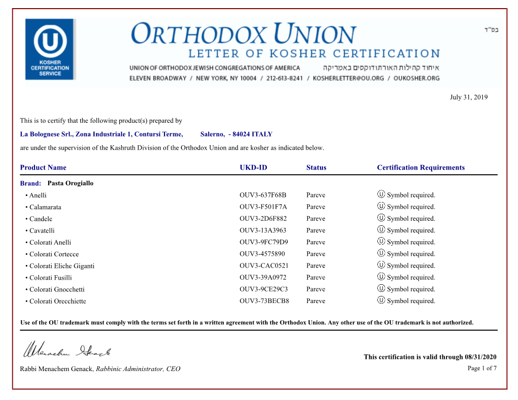 Status Certification Requirements UKD-ID Product Name