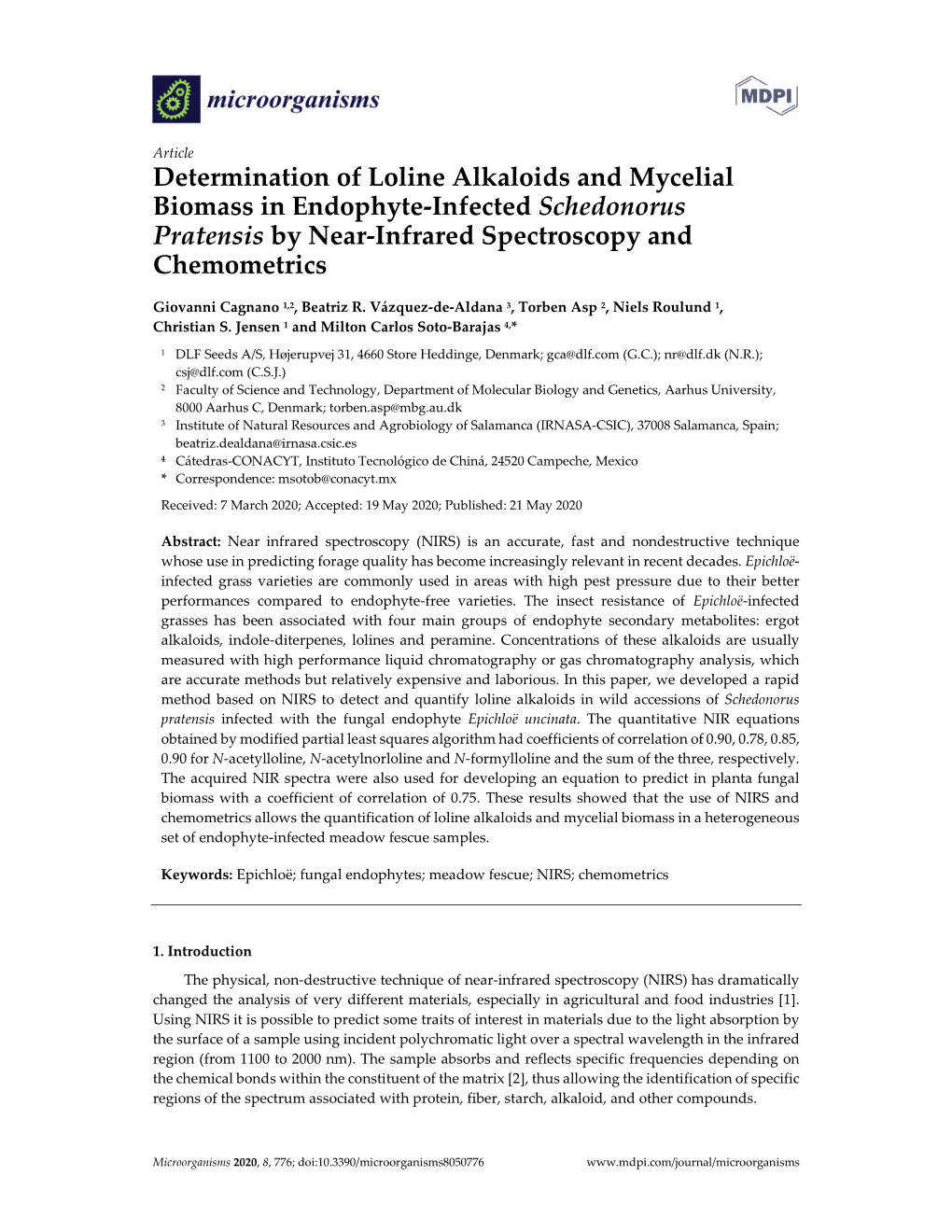 Determination of Loline Alkaloids and Mycelial Biomass in Endophyte-Infected Schedonorus Pratensis by Near-Infrared Spectroscopy and Chemometrics