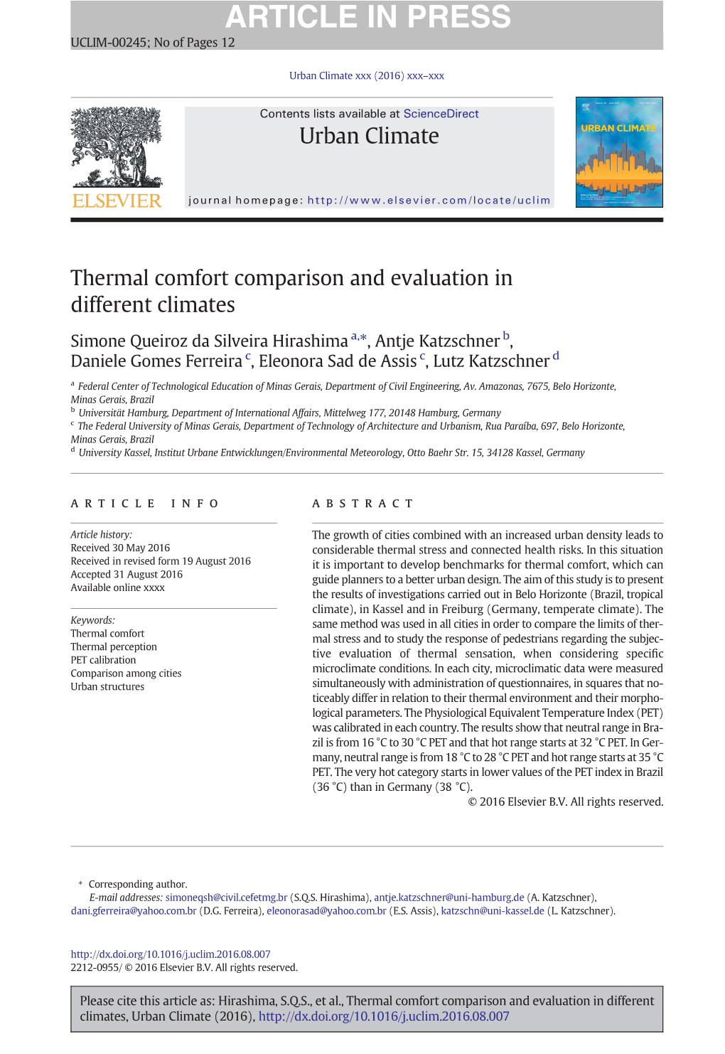 Thermal Comfort Comparison and Evaluation in Different Climates