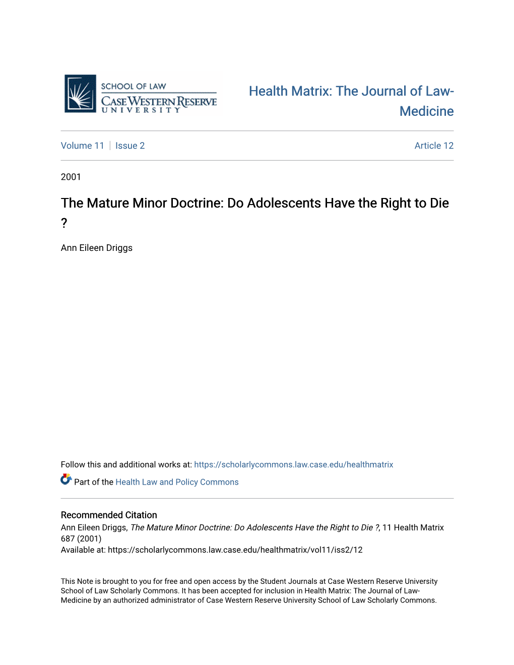 The Mature Minor Doctrine: Do Adolescents Have the Right to Die ?