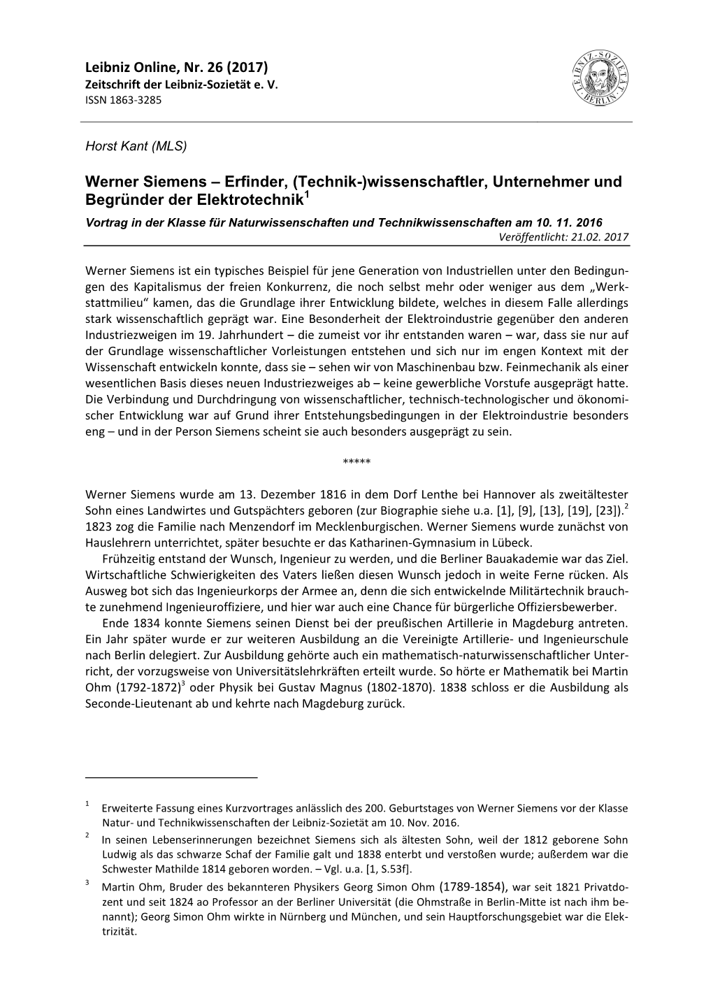 Leibniz Online, Nr. 26 (2017) Werner Siemens – Erfinder, (Technik-)Wissenschaftler … S