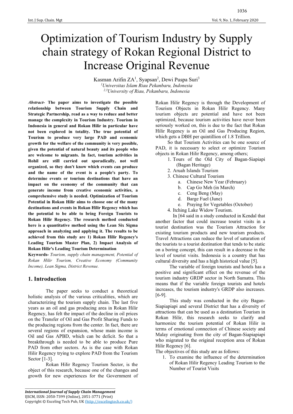 Optimization of Tourism Industry by Supply Chain Strategy of Rokan Regional District to Increase Original Revenue