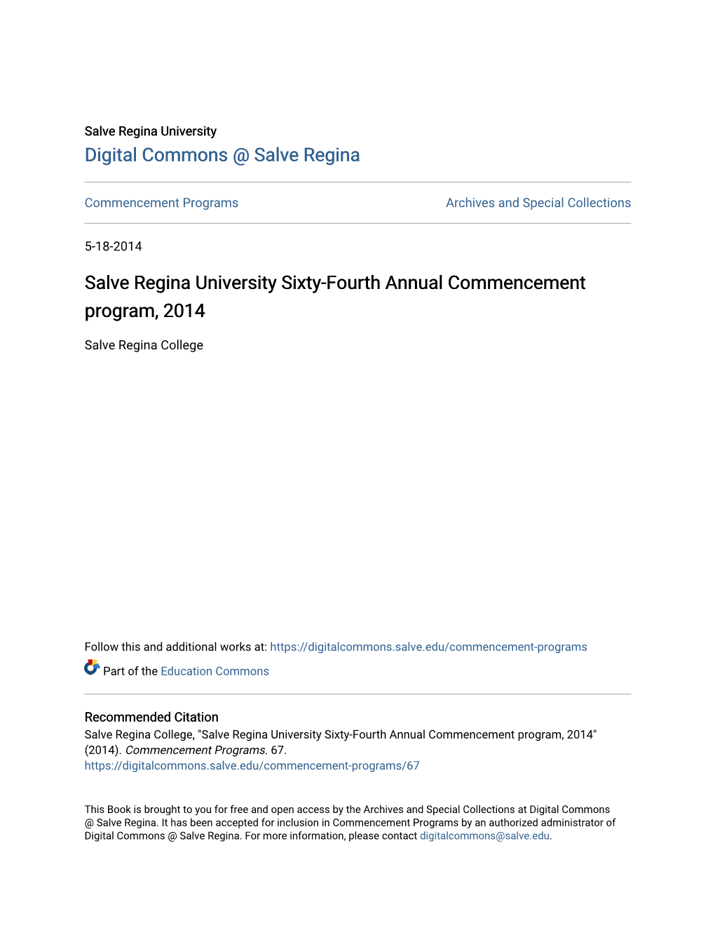 Salve Regina University Sixty-Fourth Annual Commencement Program, 2014