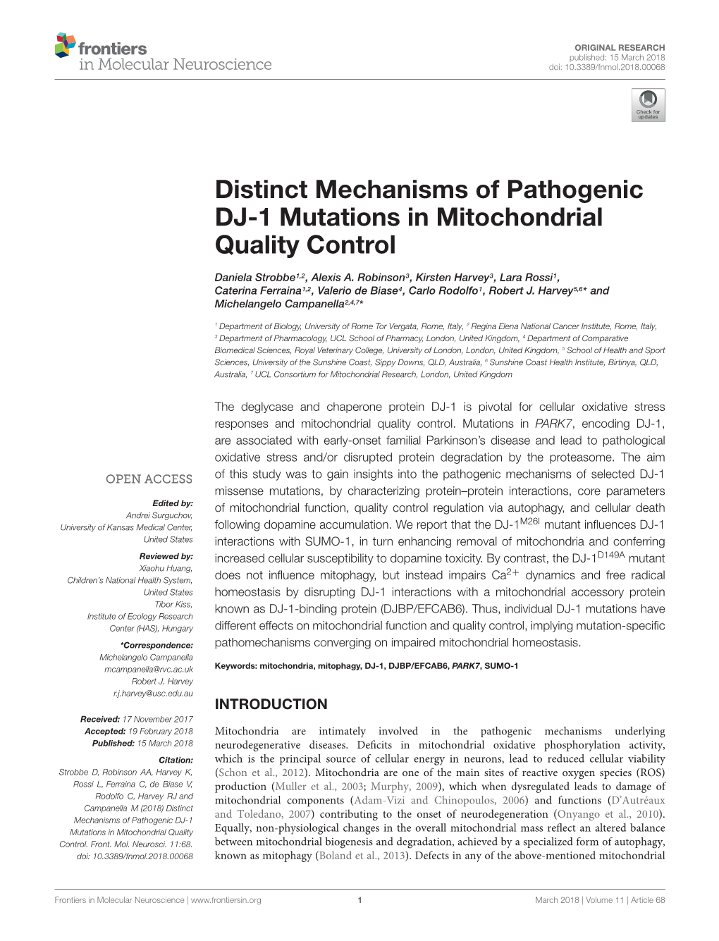 Distinct Mechanisms of Pathogenic DJ-1 Mutations in Mitochondrial Quality Control