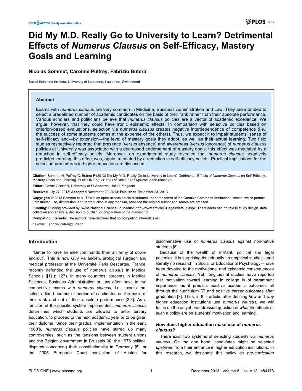 Detrimental Effects of Numerus Clausus on Self-Efficacy, Mastery Goals and Learning