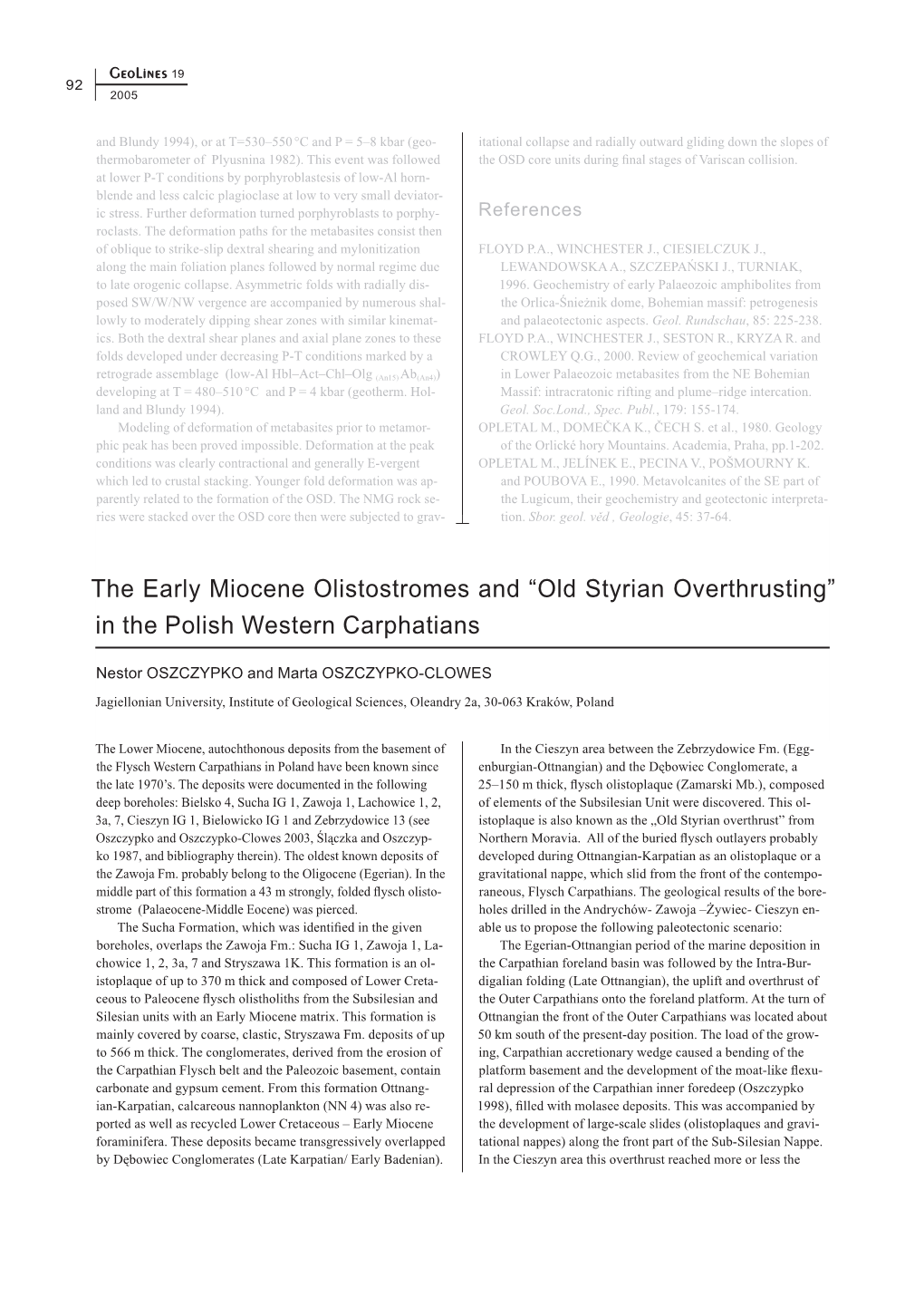 The Early Miocene Olistostromes and “Old Styrian Overthrusting” in the Polish Western Carphatians