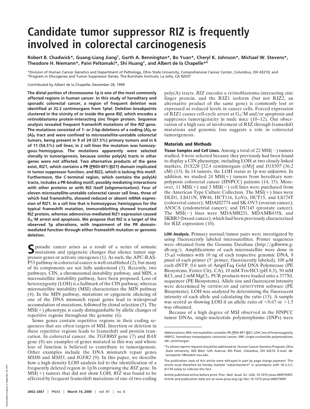 Candidate Tumor Suppressor RIZ Is Frequently Involved in Colorectal Carcinogenesis