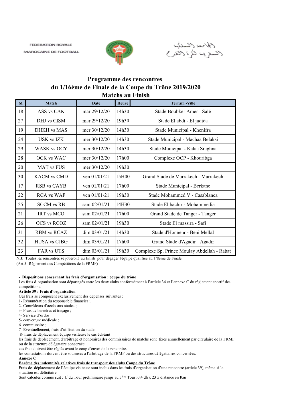 Programme Des Rencontres Du 1/16Ème De Finale De La Coupe Du