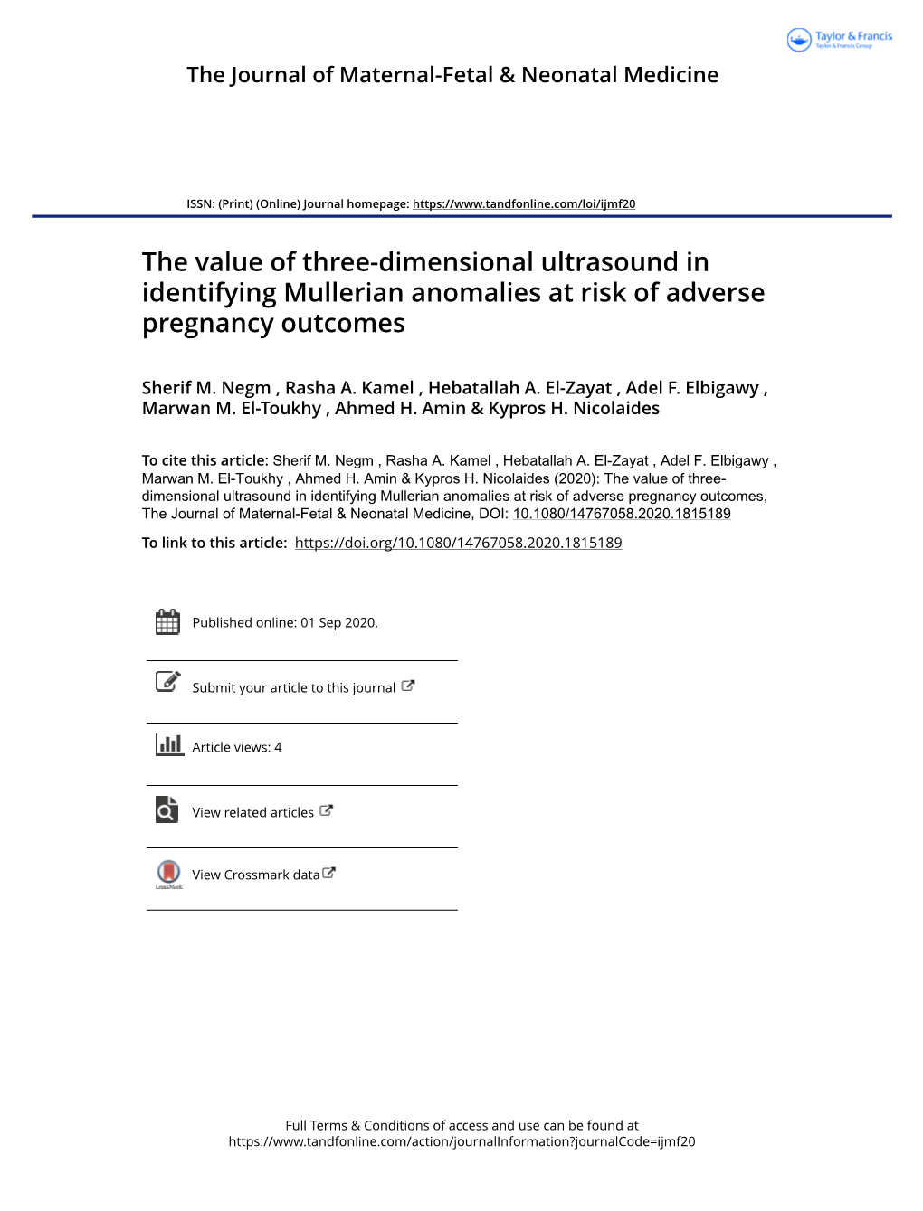 The Value of Three-Dimensional Ultrasound in Identifying Mullerian Anomalies at Risk of Adverse Pregnancy Outcomes