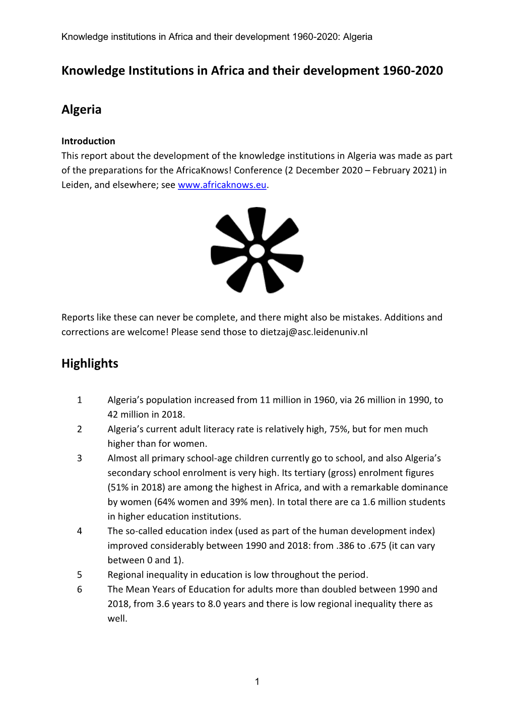 Knowledge Institutions in Africa and Their Development 1960-2020: Algeria