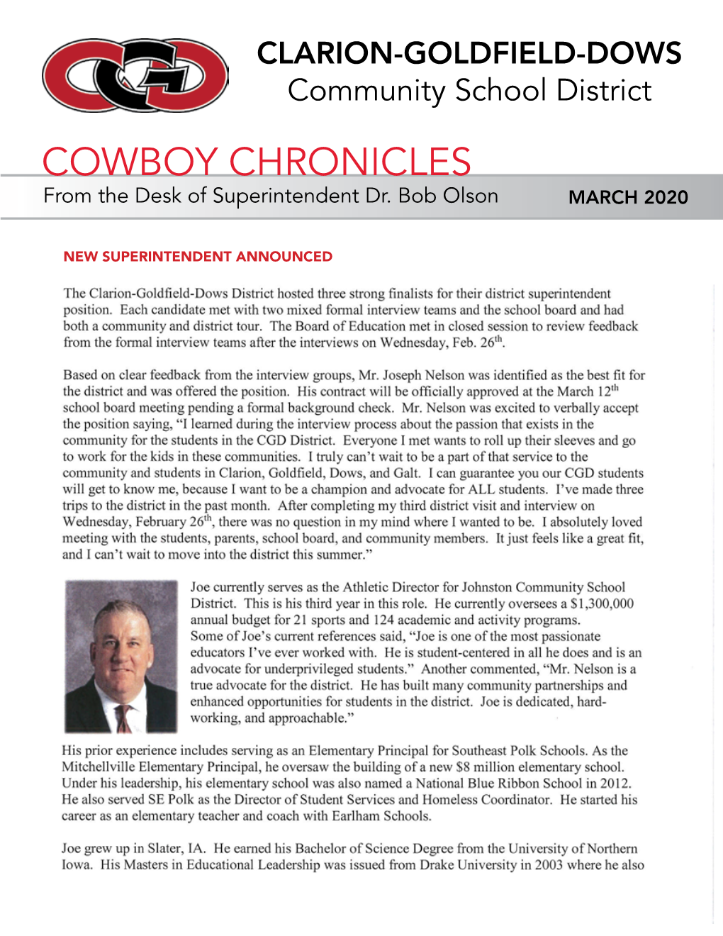 COWBOY CHRONICLES from the Desk of Superintendent Dr