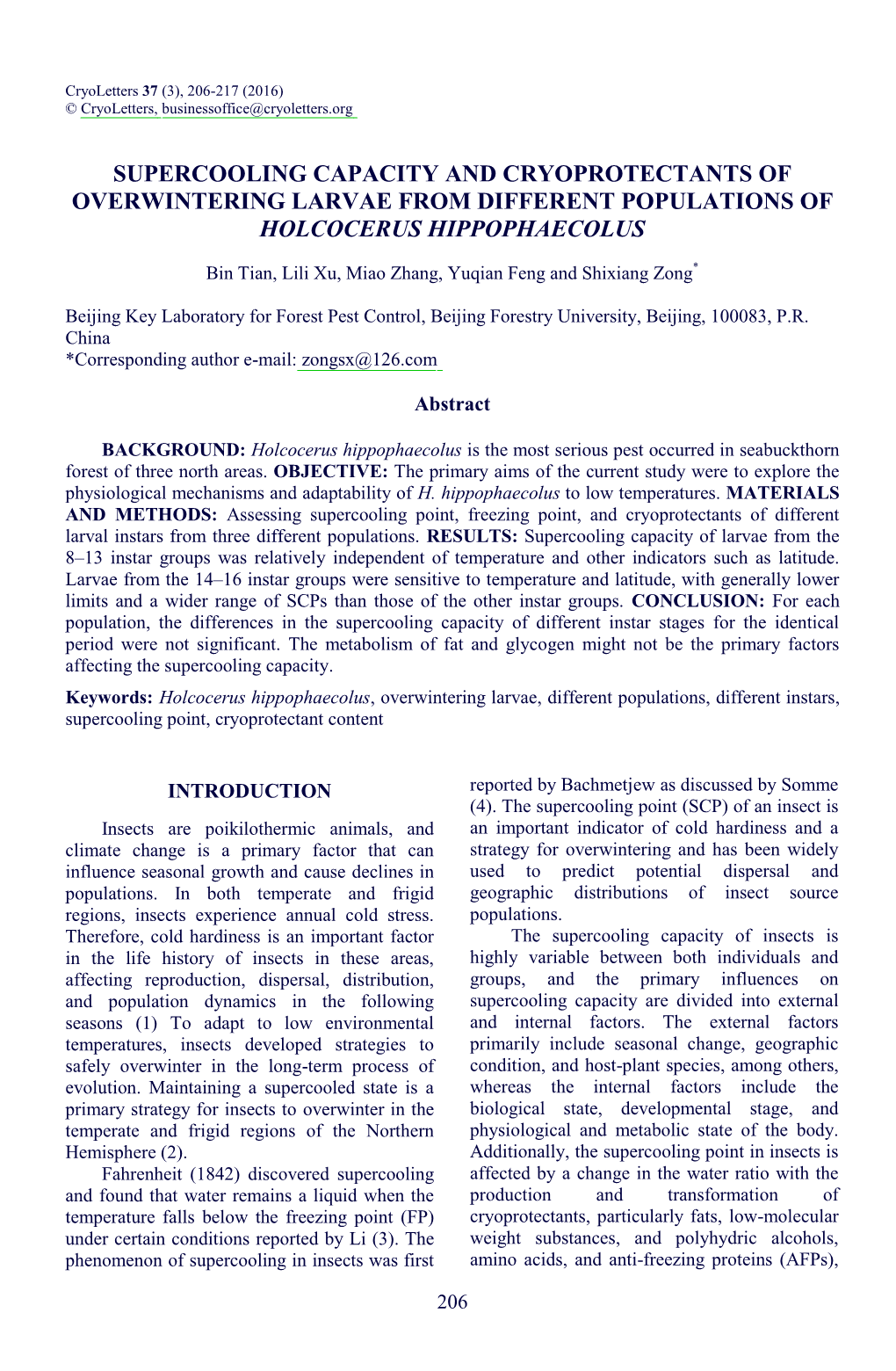 Supercooling Capacity and Cryoprotectants of Overwintering Larvae from Different Populations of Holcocerus Hippophaecolus