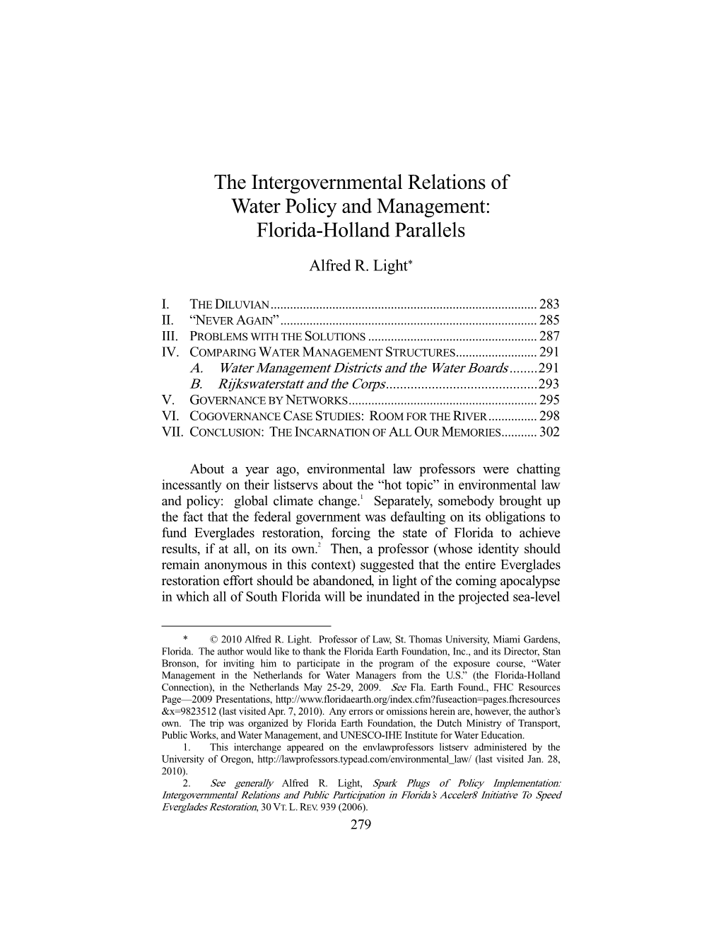 The Intergovernmental Relations of Water Policy and Management: Florida-Holland Parallels