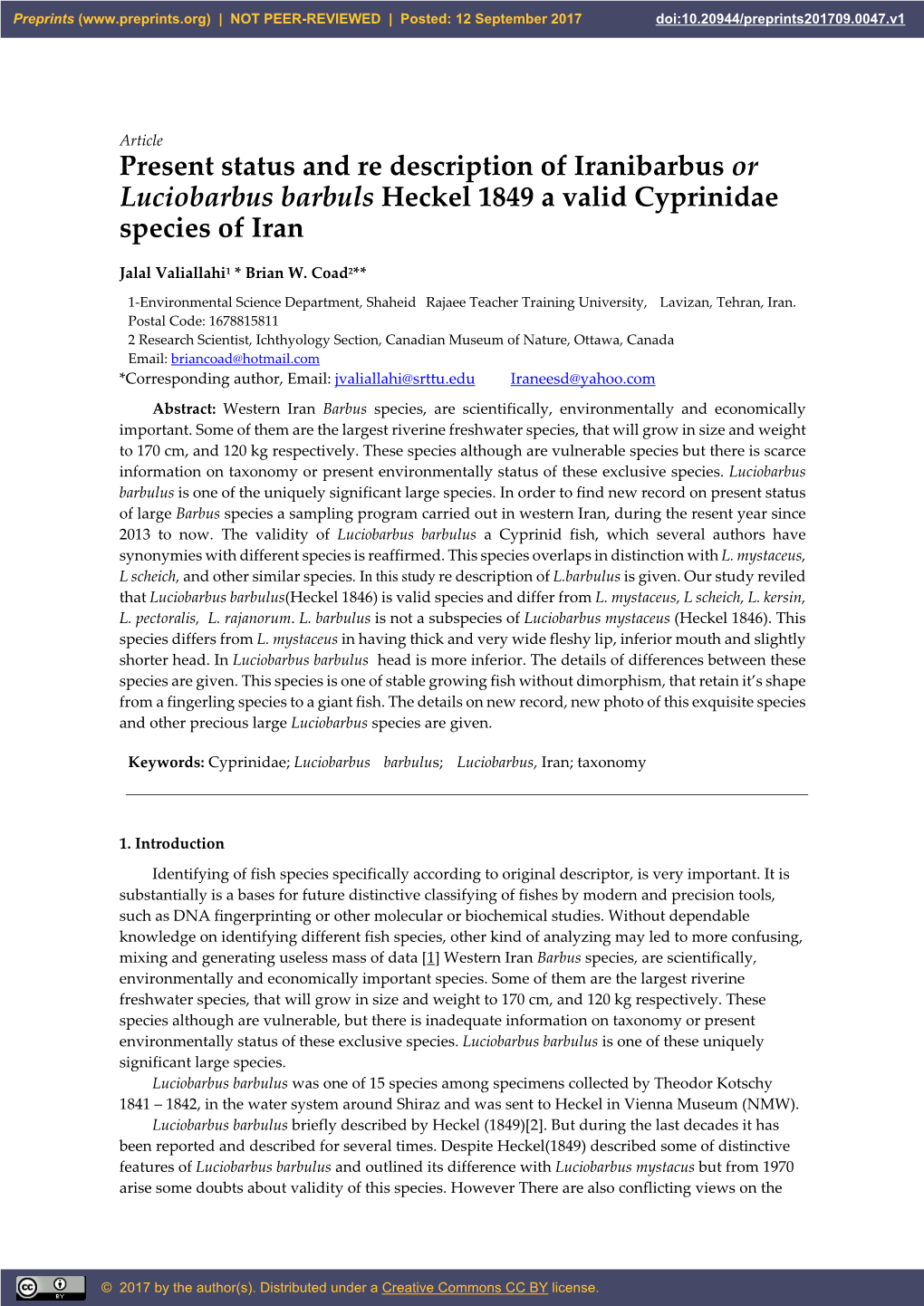 Present Status and Re Description of Iranibarbus Or Luciobarbus Barbuls Heckel 1849 a Valid Cyprinidae Species of Iran