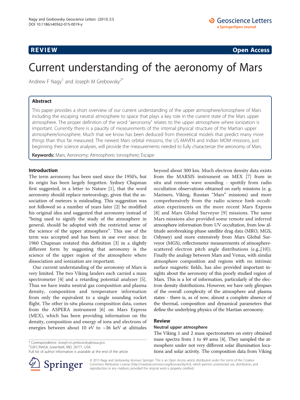 Current Understanding of the Aeronomy of Mars Andrew F Nagy1 and Joseph M Grebowsky2*