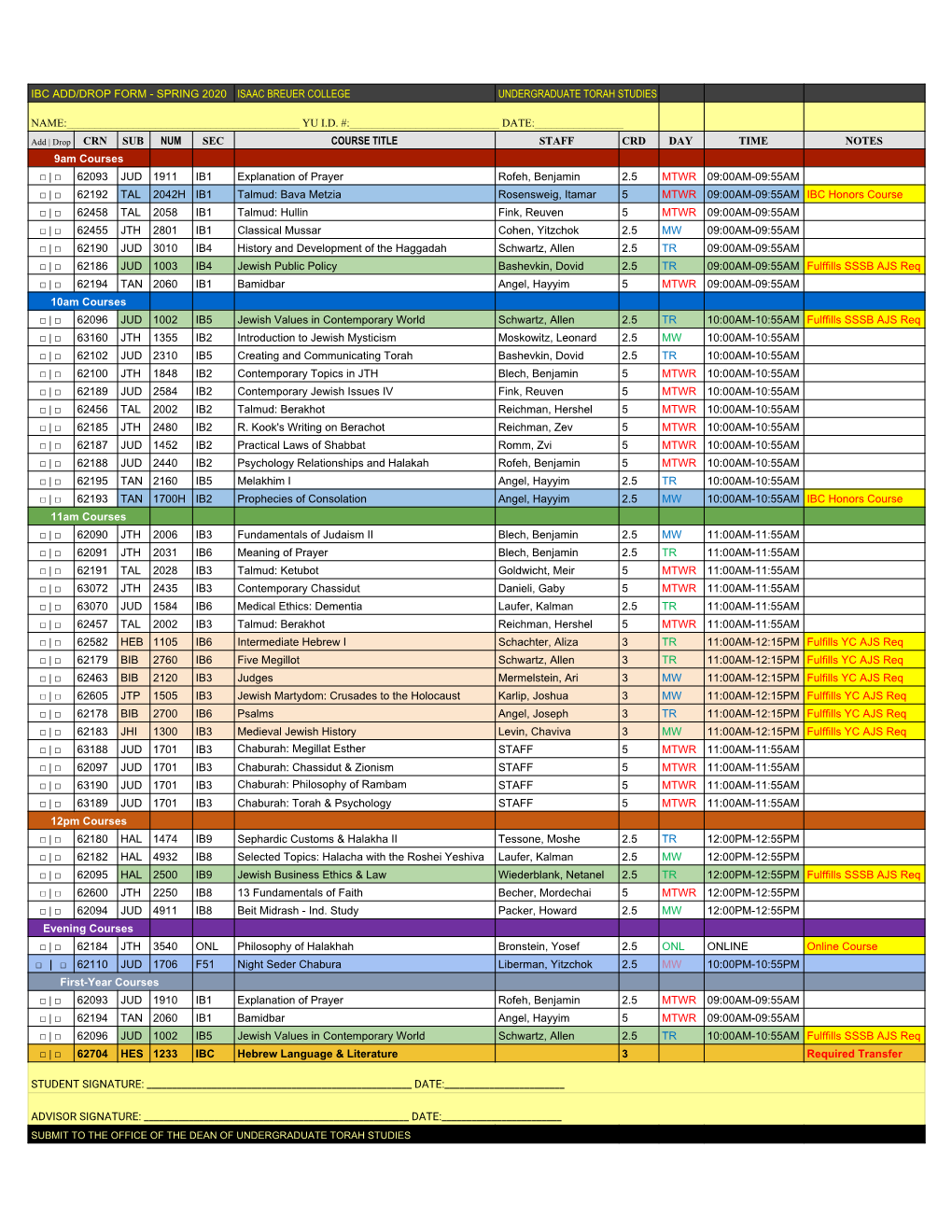 Ibc Add/Drop Form - Spring 2020 Isaac Breuer College Undergraduate Torah Studies