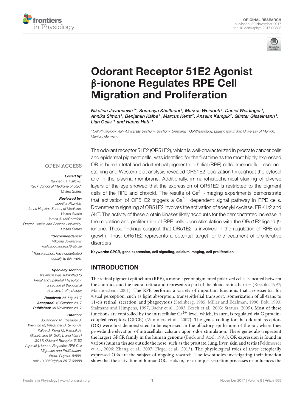 Odorant Receptor 51E2 Agonist Β-Ionone Regulates RPE Cell Migration and Proliferation