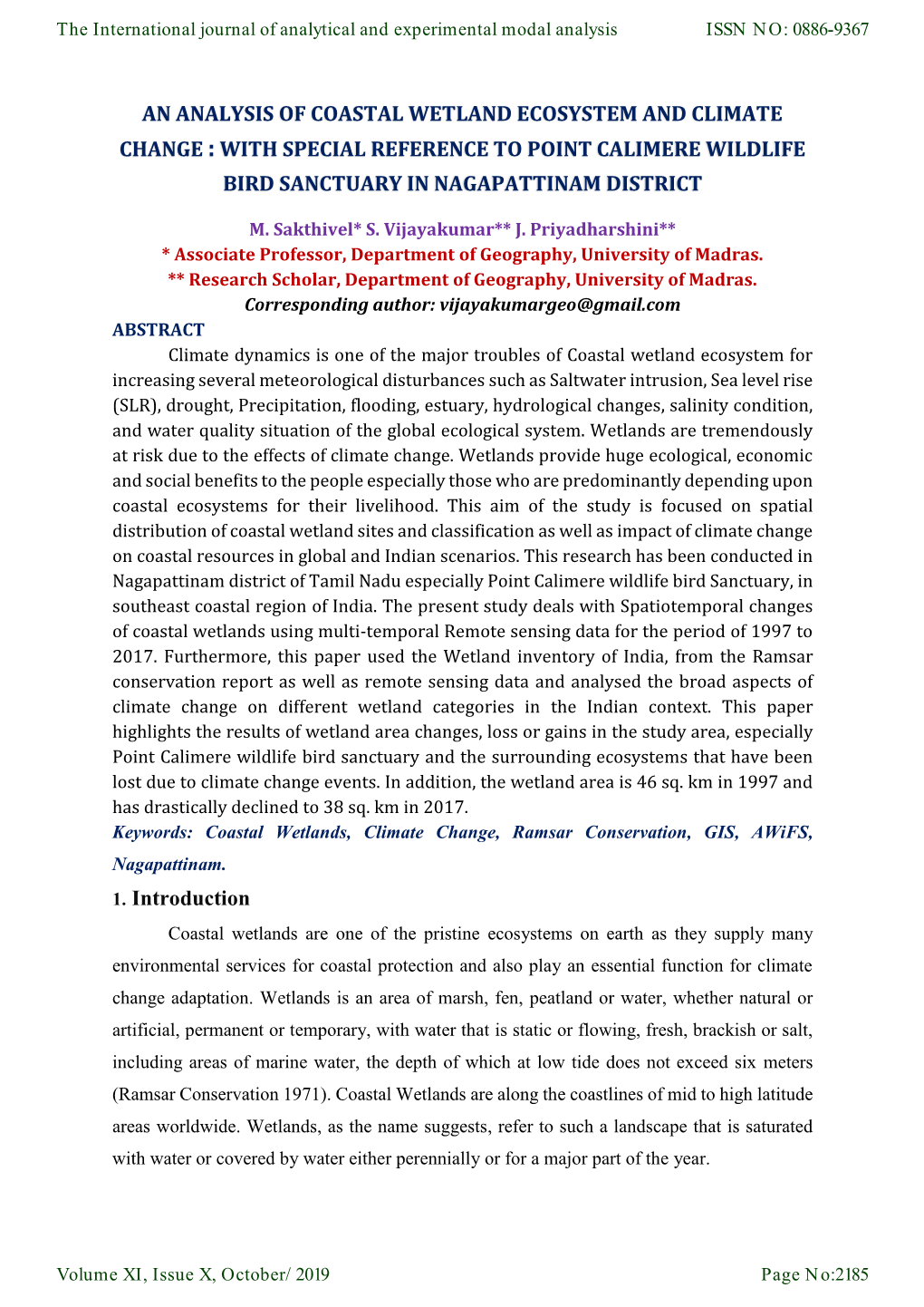 An Analysis of Coastal Wetland Ecosystem and Climate Change : with Special Reference to Point Calimere Wildlife Bird Sanctuary in Nagapattinam District