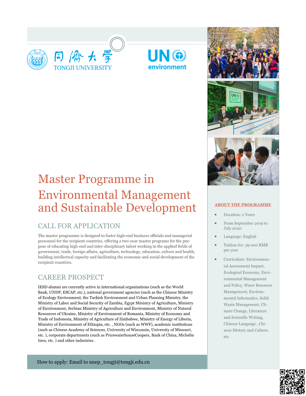 Master Programme in Environmental Management and Sustainable Development ABOUT the PROGRAMME • Duration: 2 Years