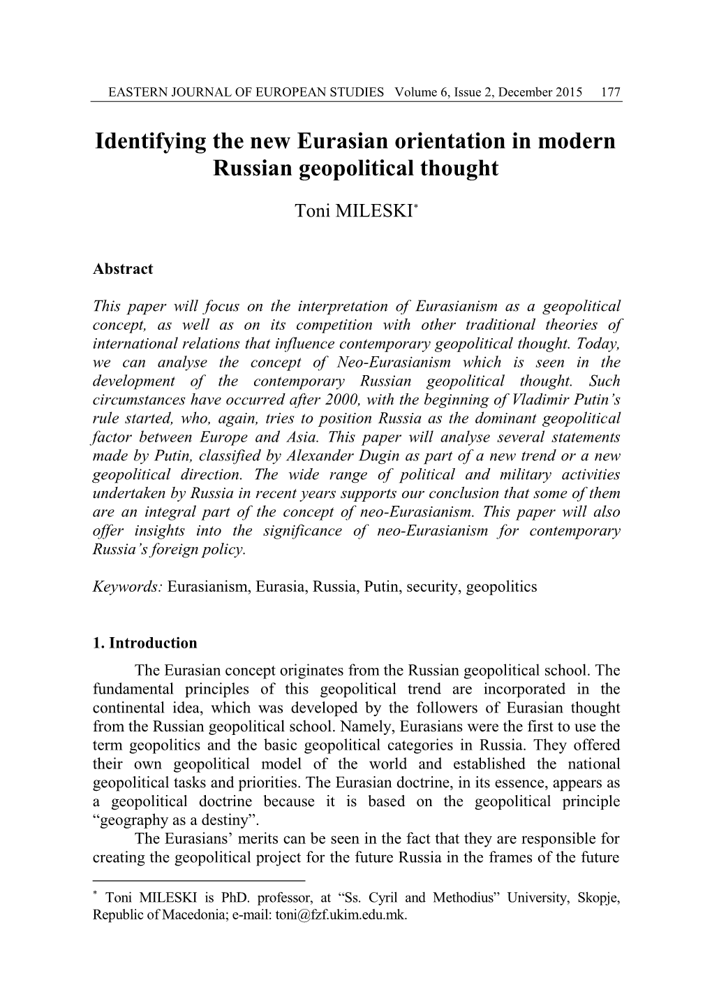 Identifying the New Eurasian Orientation in Modern Russian Geopolitical Thought