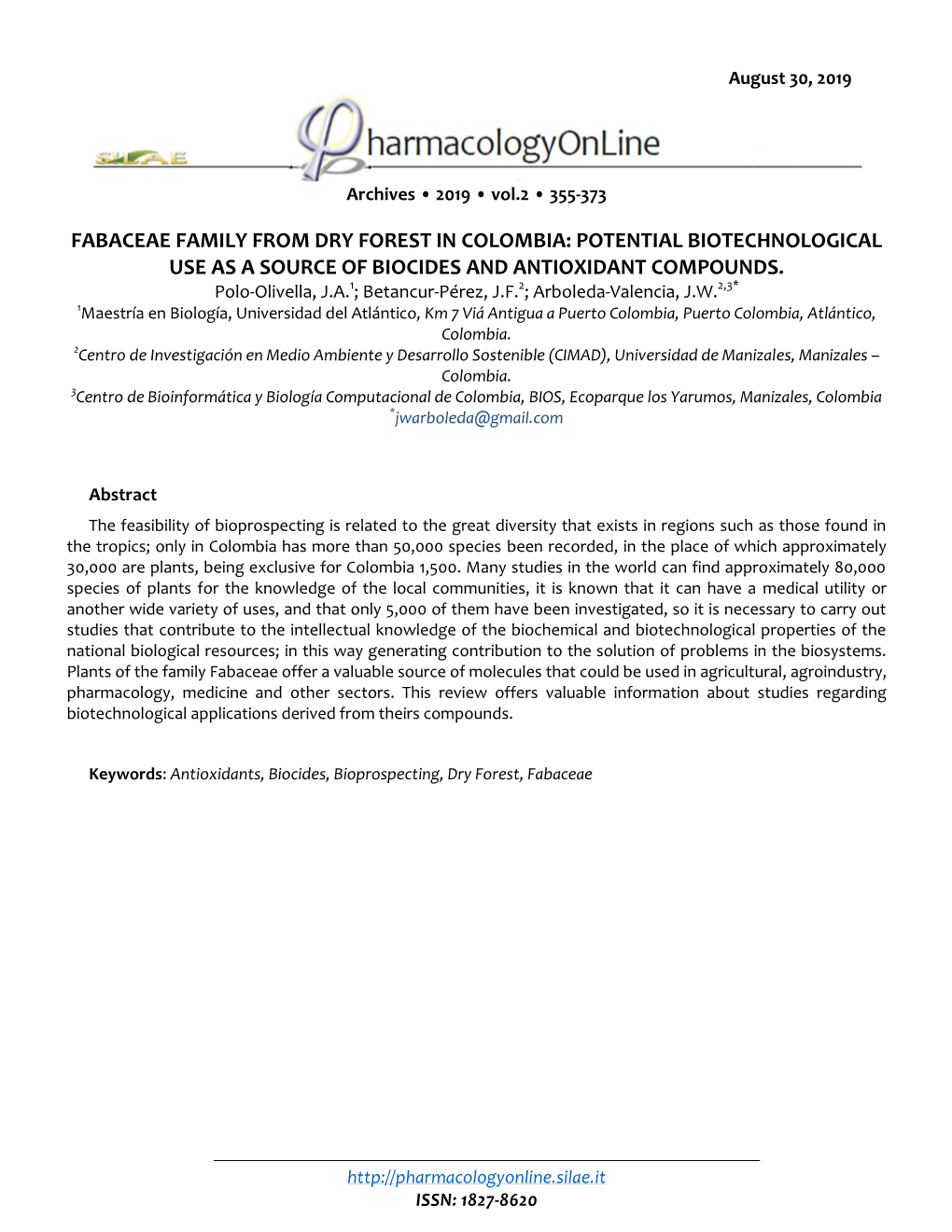 Fabaceae Family from Dry Forest in Colombia: Potential Biotechnological Use As a Source of Biocides and Antioxidant Compounds