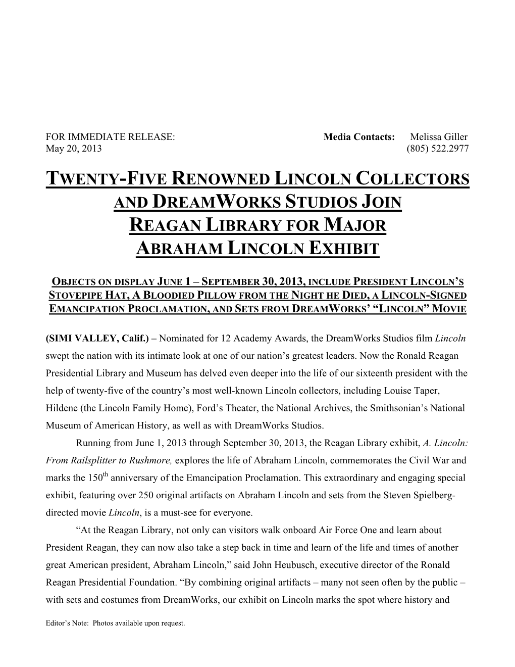 Twenty-Five Renowned Lincoln Collectors and Dreamworks Studios Join Reagan Library for Major Abraham Lincoln Exhibit