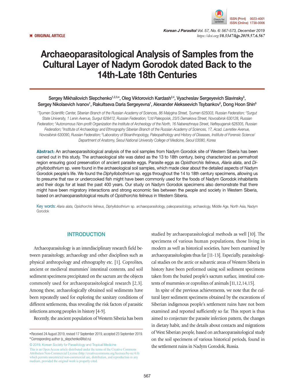 Archaeoparasitological Analysis of Samples from the Cultural Layer of Nadym Gorodok Dated Back to the 14Th-Late 18Th Centuries