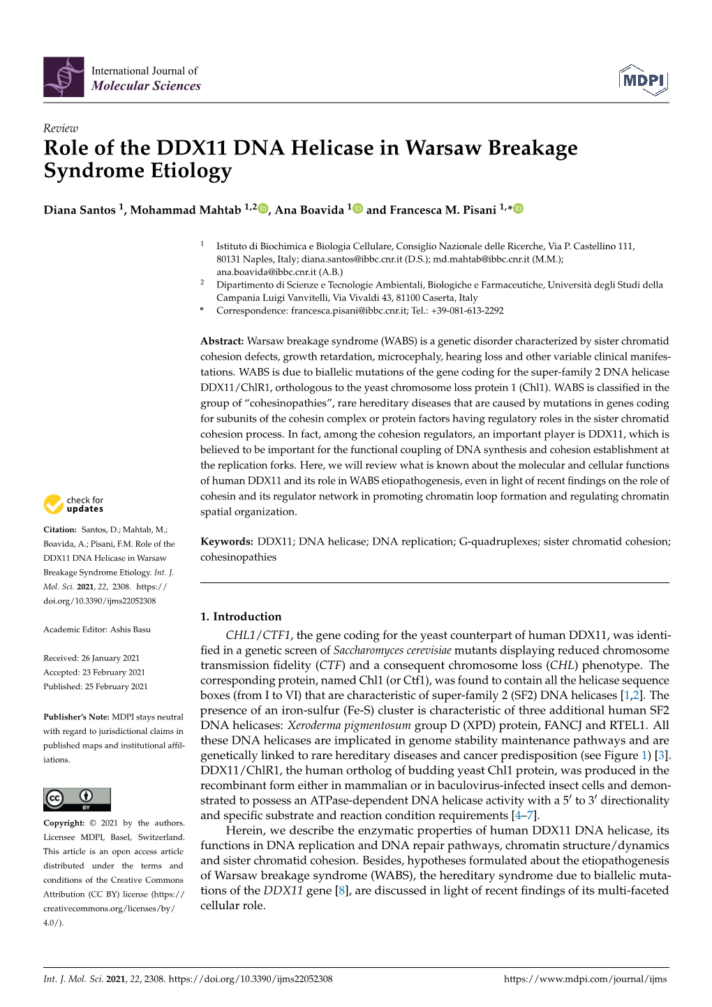 Role of the DDX11 DNA Helicase in Warsaw Breakage Syndrome Etiology