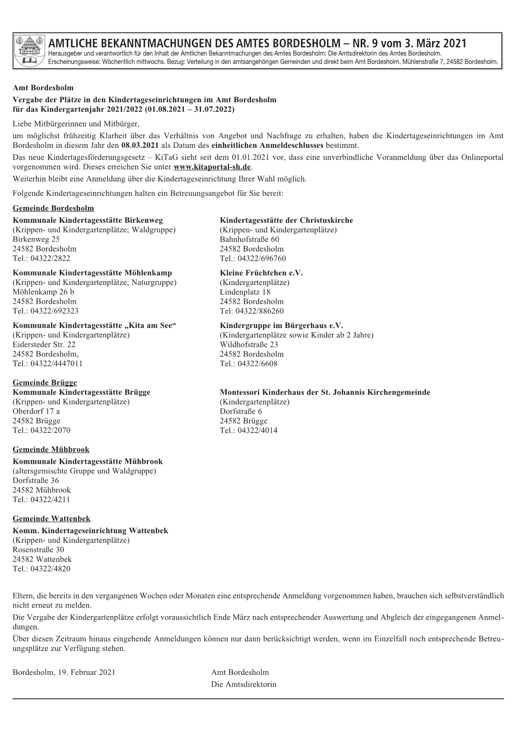 NR. 9 Vom 3. März 2021 Herausgeber Und Verantwortlich Für Den Inhalt Der Amtlichen Bekanntmachungen Des Amtes Bordesholm: Die Amtsdirektorin Des Amtes Bordesholm