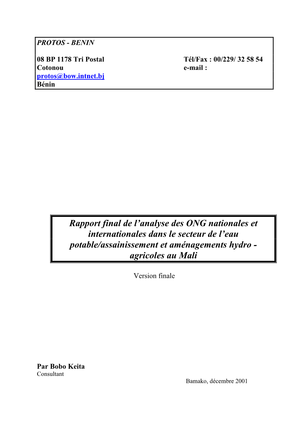 Rapport Final De L'analyse Des ONG Nationales Et Internationales Dans Le Secteur De L'eau Potable/Assainissement Et Aménage