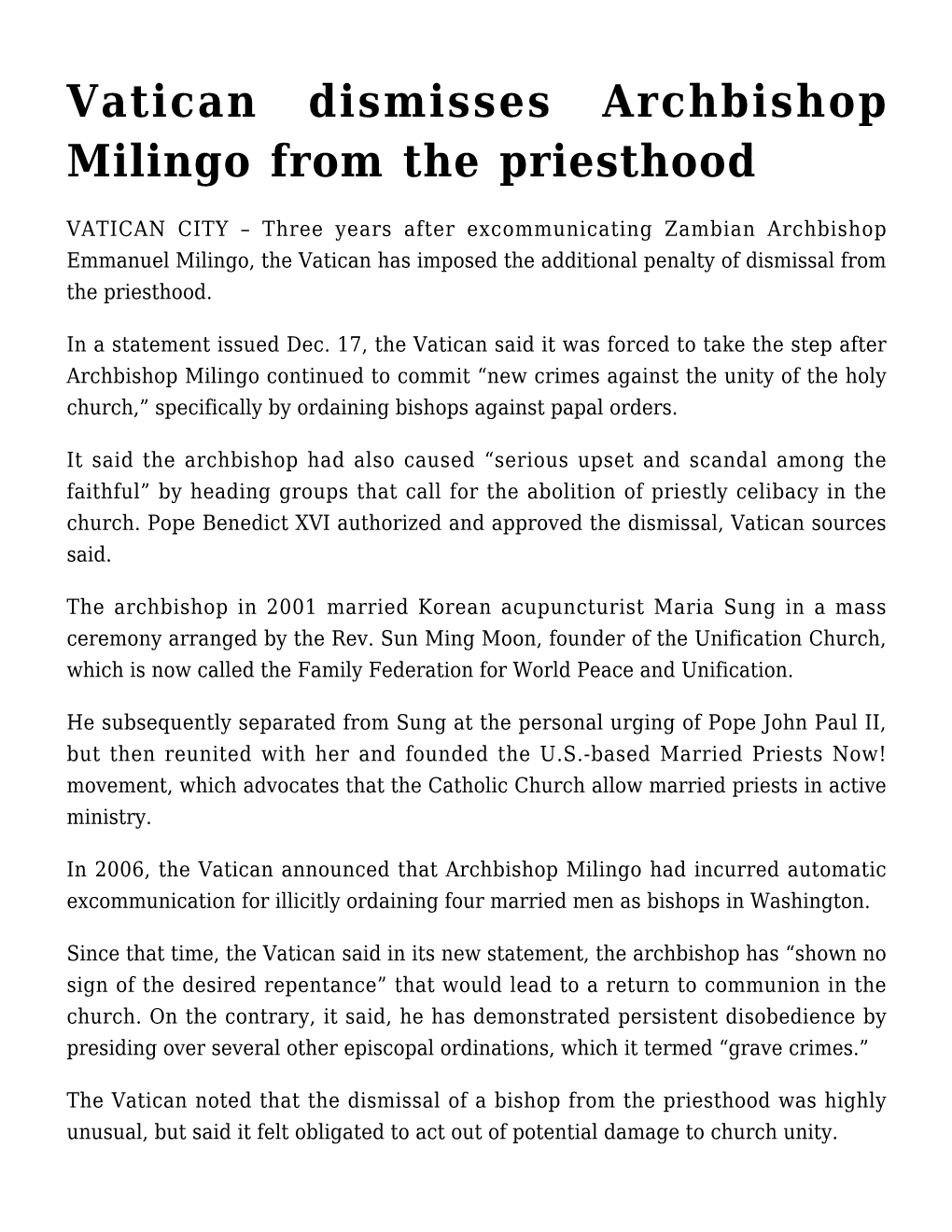 Vatican Dismisses Archbishop Milingo from the Priesthood