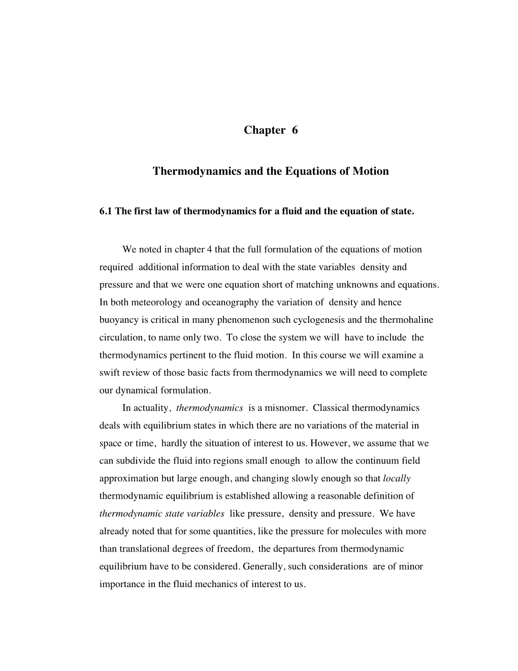 Chapter 6 Thermodynamics and the Equations of Motion