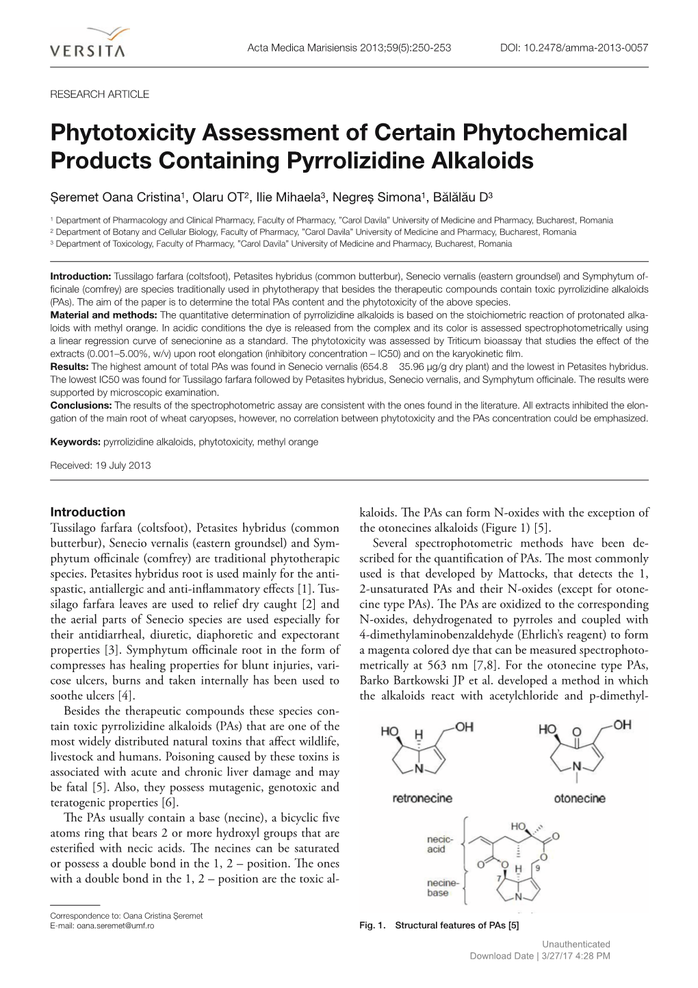 Phytotoxicity Assessment of Certain Phytochemical Products Containing Pyrrolizidine Alkaloids