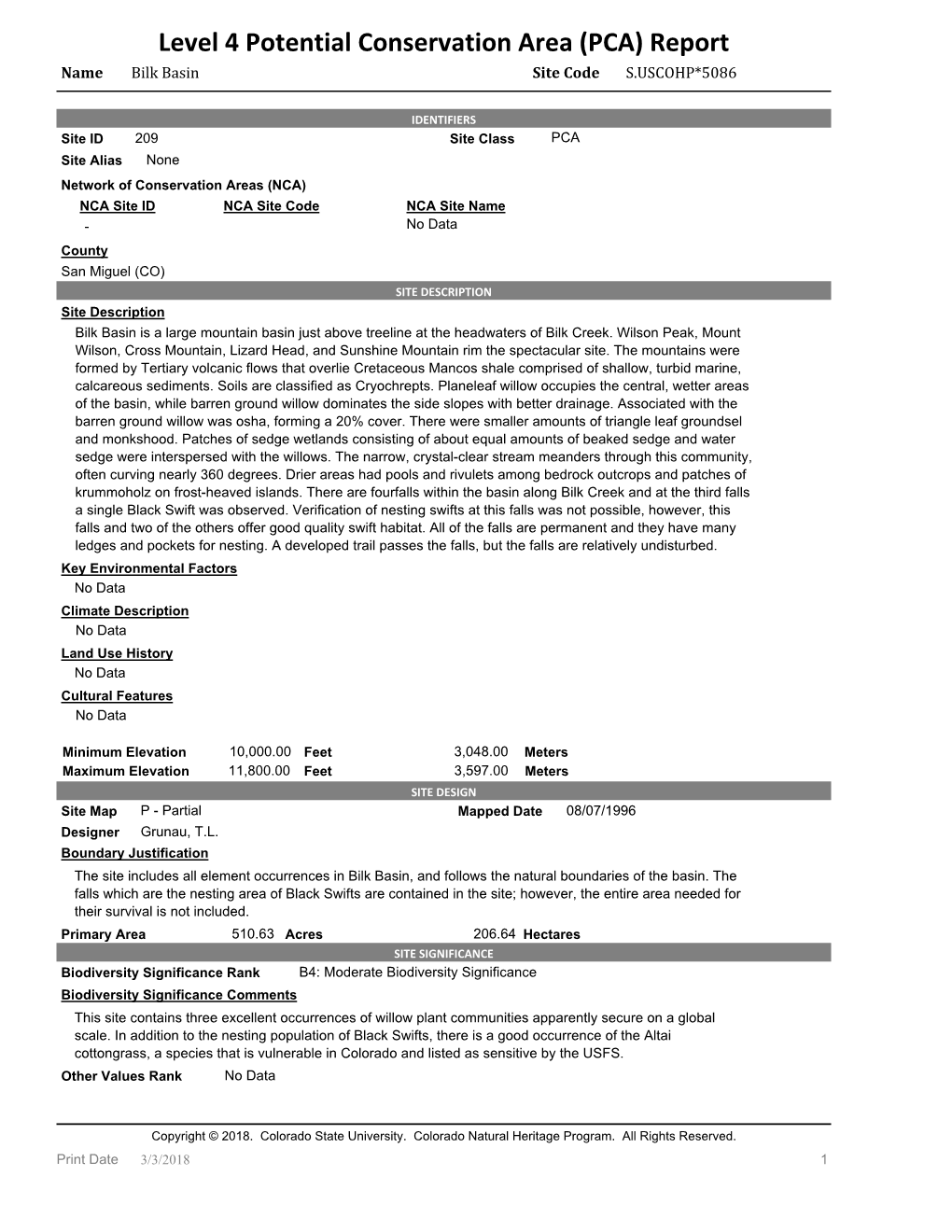 Level 4 Potential Conservation Area (PCA) Report Name Bilk Basin Site Code S.USCOHP*5086