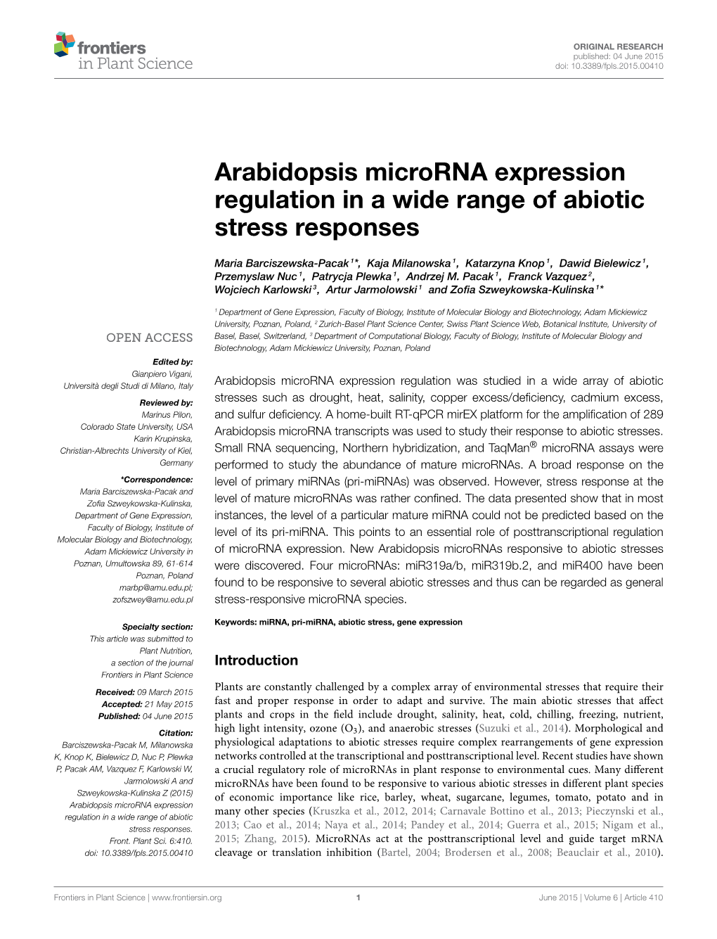 Arabidopsis Microrna Expression Regulation in a Wide Range of Abiotic Stress Responses