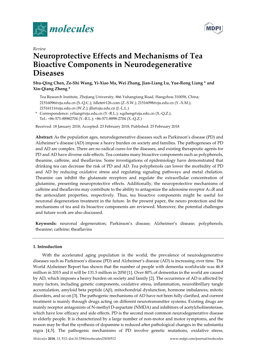 Neuroprotective Effects and Mechanisms of Tea Bioactive