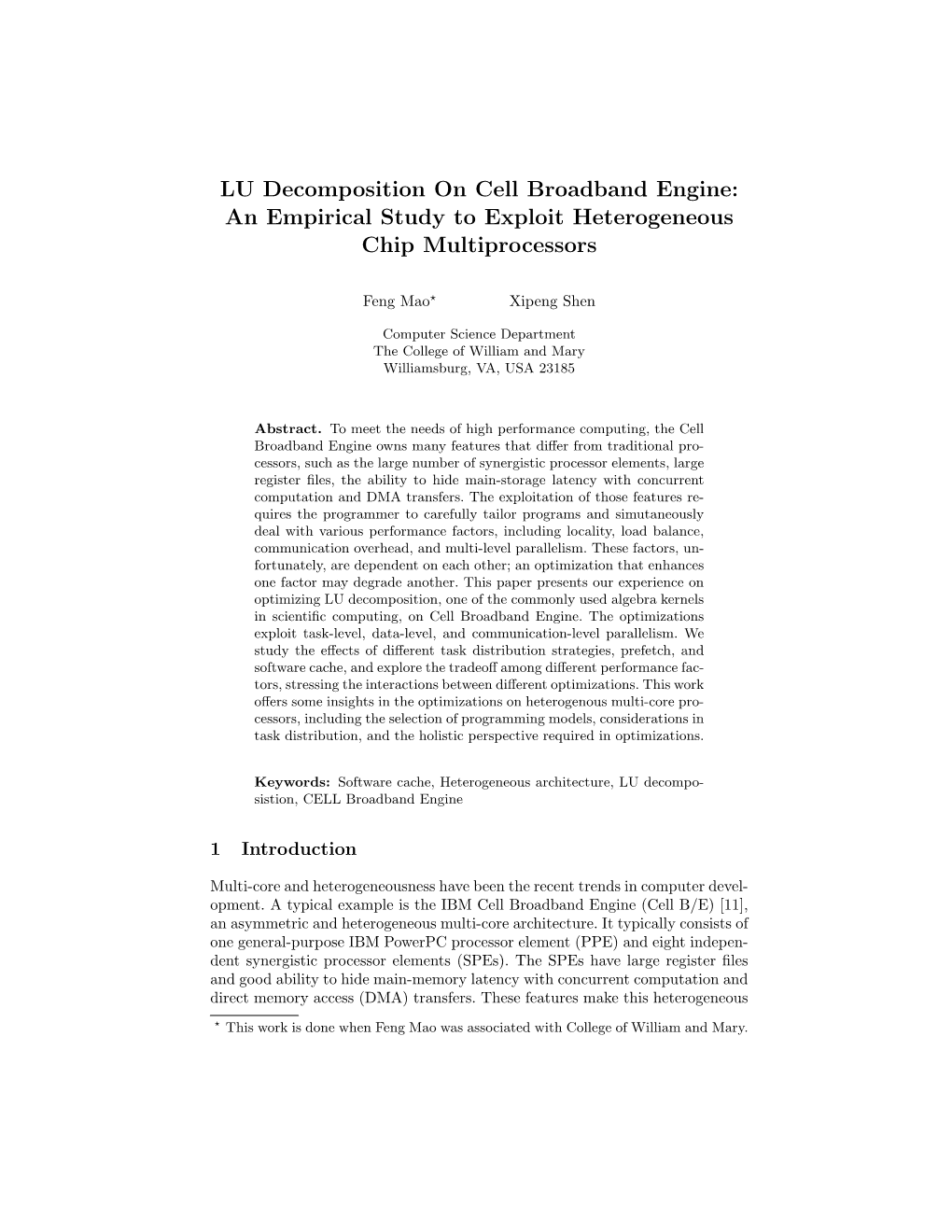 LU Decomposition on Cell Broadband Engine: an Empirical Study to Exploit Heterogeneous Chip Multiprocessors