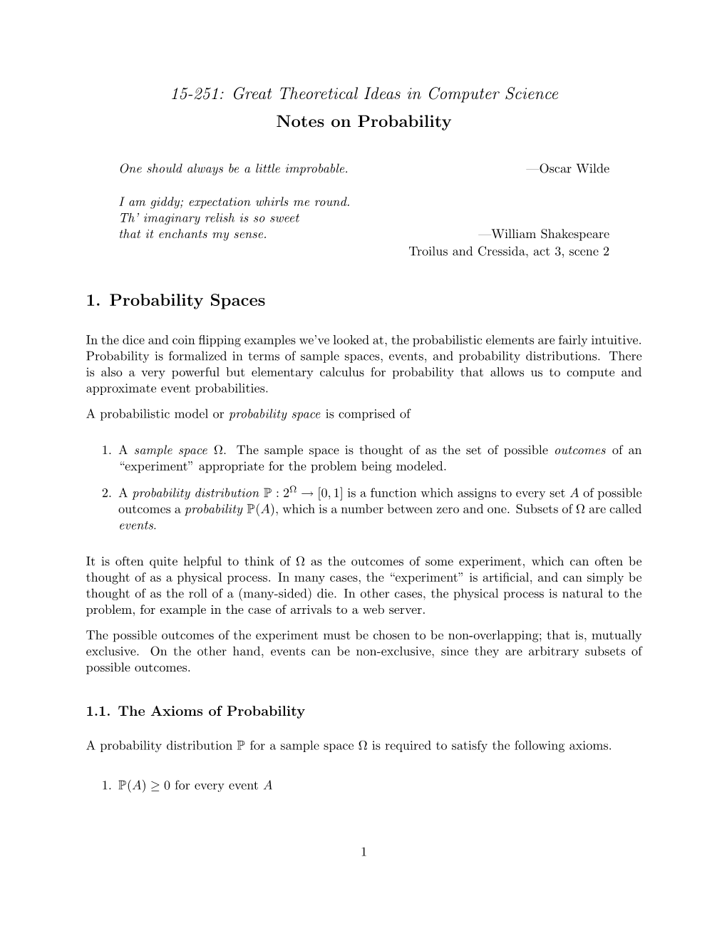 15-251: Great Theoretical Ideas in Computer Science Notes on Probability